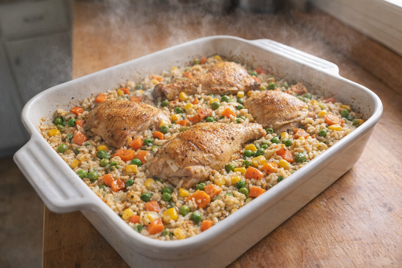 A top-down, brightly lit studio shot of a golden-brown chicken casserole with visible rice, chicken pieces, and colorful vegetables, steam rising slightly, served in a white ceramic baking dish